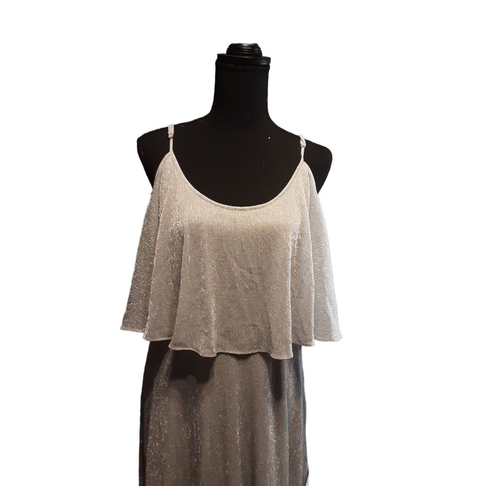 Calvin Klein Spaghetti Strap Metallic Evening Gown W/ Overlay Draped Bodice 14 - Picture 3 of 13